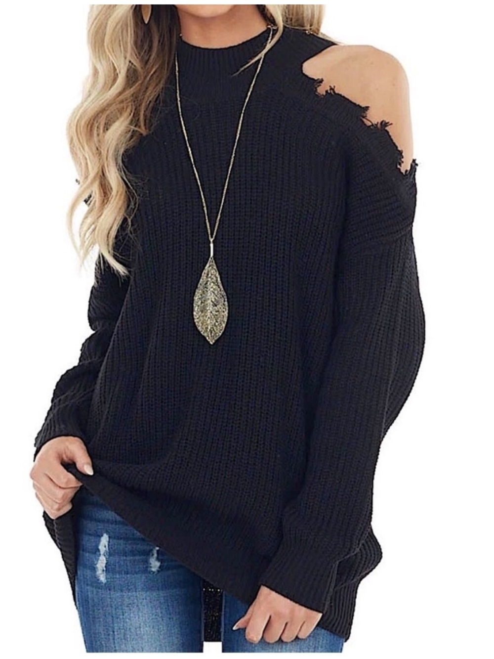 BiBi Black Distressed Cold-Shoulder Sweater Size Large